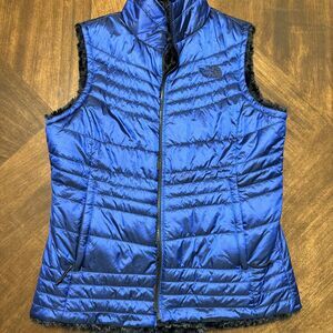 North Face Vest Womens Medium Black Reversible Puffer Teddy Mossbud Jacket Fuzzy